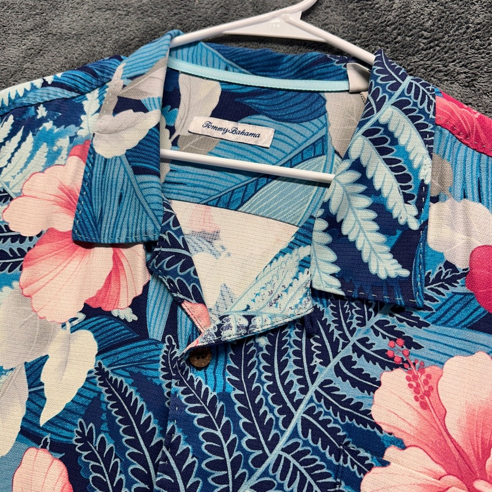 Tommy Bahama Button Down Shirt Mens 3XL Blue Pink Floral Silk Camp Loop Collar